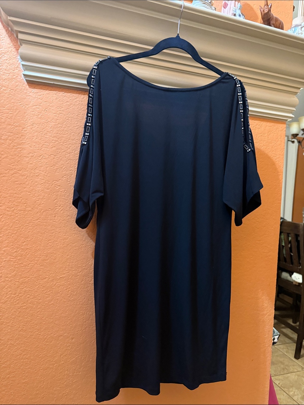 Black Short Sleeve Mini Dress with Beaded Shoulder Detail